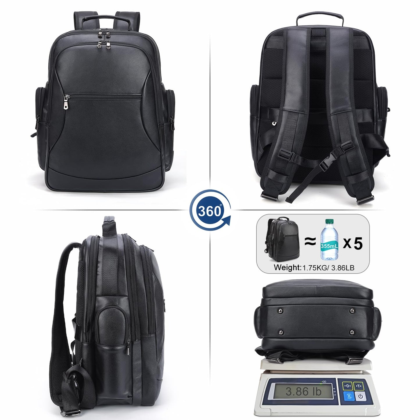 TIDING Genuine Leather Backpack for Men Large Capacity 17.3 Inch Laptop Bag Black Waterproof Business Work Travel Daypack