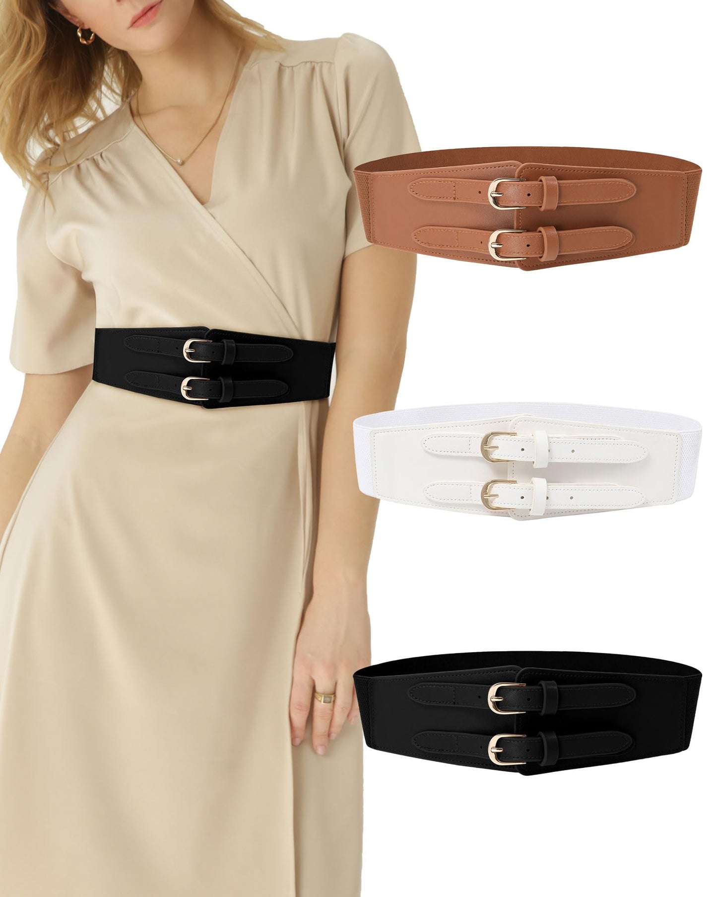 Kajeer Women Wide Elastic Waist Belt - 2.4inch Wide Stretchy Belt Vintage Double Buckle Fashion Cinch Belts for Dress(S,Black)