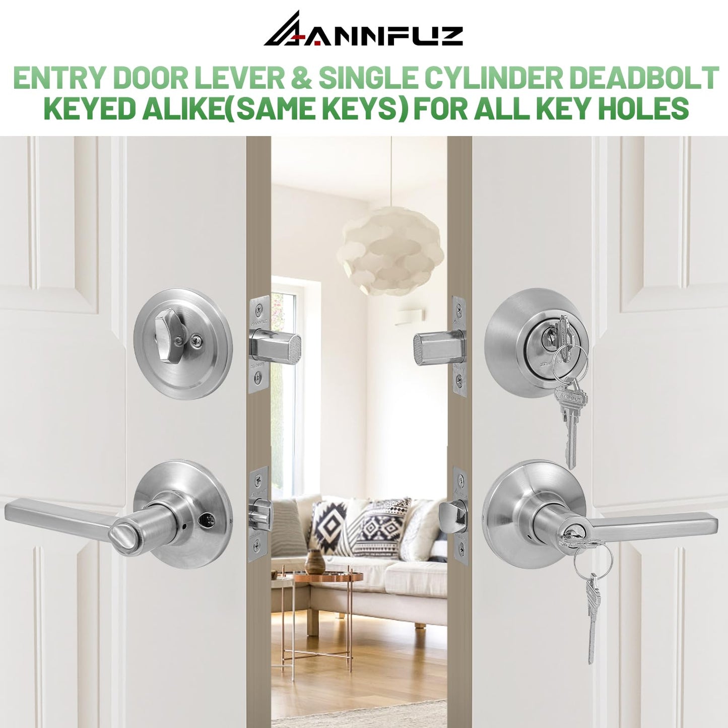 ANNFUZ Keyed Alike(Same Keys) Front/Exterior Door Lever Knob with Single Cylinder Deadbolt Combo Lockset, Entry Door Handle with Lock & Key, Round Locking Deadbolt for Interior Bedroom,Brushed Nickel