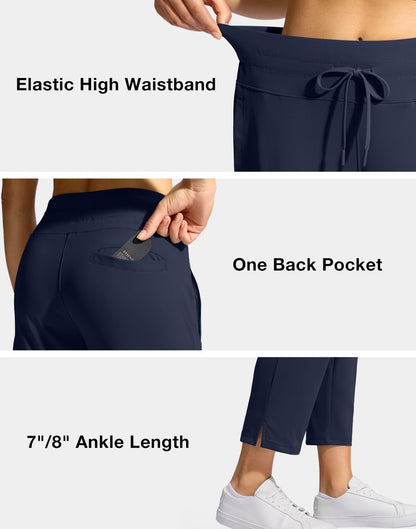 YYV Women's Pants with 3 Pockets High Waisted Golf Athletic Pants 7/8 Stretch Ankle Pants for Women Workout Travel Casual(Navy Medium)