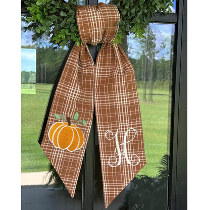 Autumn Door Wreath Sash Embroidered with White Letters and Pumpkins On A Plaid Wreath Sash Ideal for Housewarming Gifts, Autumn Thanksgiving, Halloween, and Christmas Porch Decorations -T