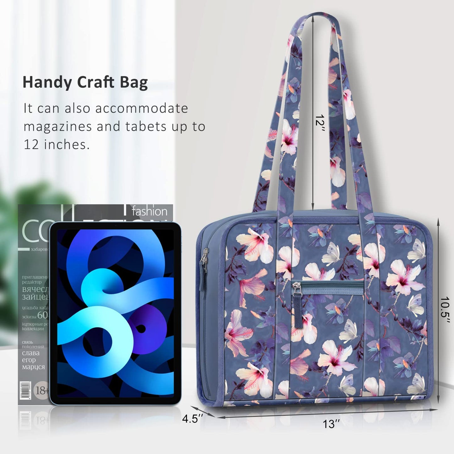 FINPAC Sewing and Craft Supplies Storage Tote, Large Capacity Travel Packing Organizer Bag with Clear Pockets and Handle for Knitting, Crochet, Art, Sewing Accessories (Blooming Hibiscus)