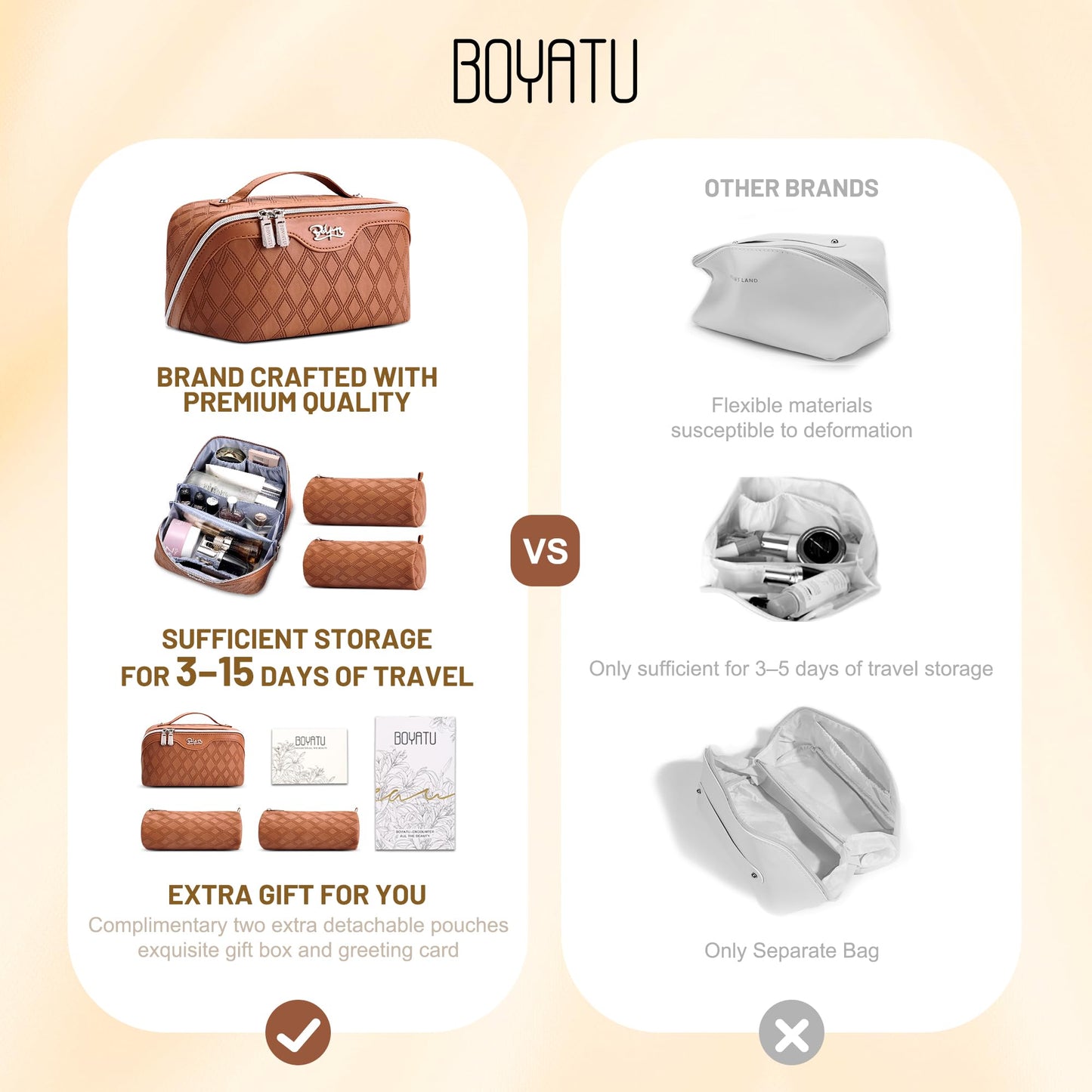 BOYATU Travel Makeup Bag for Women: Large Capacity 3-Piece Quilted Cosmetic & Toiletry Organizer - 2 Detachable Pouches Expand Storage by 50%, Open Flat for Easy Packing, Waterproof PU Leather(Brown)