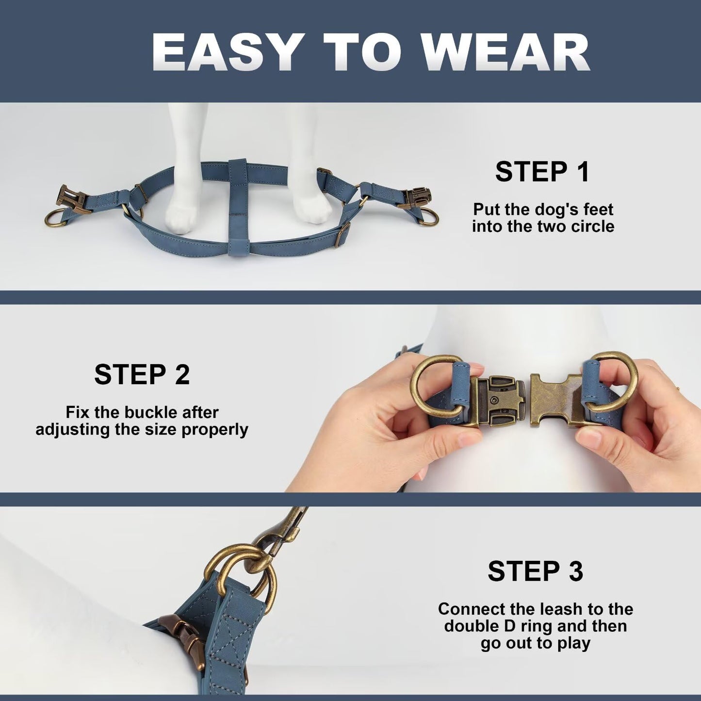 Didog Step in Dog Harness - PU Leather Dog Harness with Antique Bronze Metal Buckle, Easy Walk Dog Halter Harness for Medium Dogs Walking Training (Blue, S: Chest 16-22")