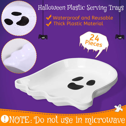 Sawysine 24 Pieces Halloween Party Serving Trays, Plastic Orange Pumpkin Black Cat White Ghost Plates Halloween Party Tableware Supplies for Holiday Decorations(White,Ghost)