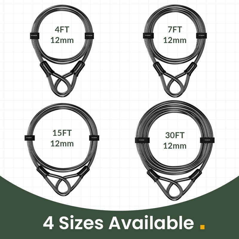 Titanker Bike Lock Cable,12mm Thick Security Cable with Loops Heavy Duty Steel Cable Vinyl Coated Bike Cable Lock Security Chain (4ft, 7ft, 15ft, 30ft)