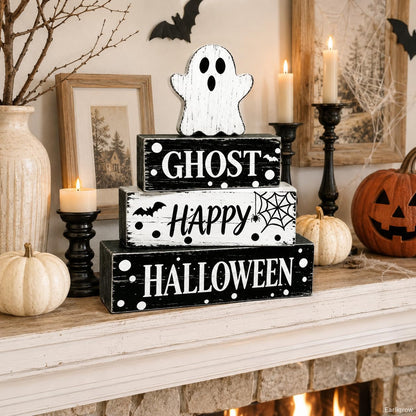 4 Pcs Ghost Halloween Decor Rustic Black and White Polka Dot Wooden Tiered Tray Block Signs Farmhouse Spooky Halloween Table Centerpiece Decor for Home Kitchen Shelf Coffee Bar