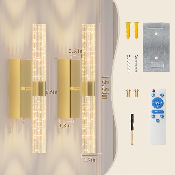 camuucci Battery Operated Gold Wall Sconces Set of 2 Rechargeable Battery Powered Wall Light with 12000mAh Not Hardwired Dimmable Wall Lamp Fixtures for Bedroom Living Room 15.3 Inches
