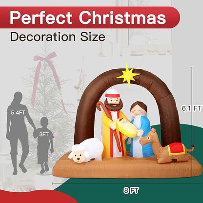 8FT Christmas Inflatables Nativity Scene Decorations Outdoor，Blow Up Nativity Scene with Built-in LEDs Lights for Indoor Holiday Party Yard Garden Lawn Décor