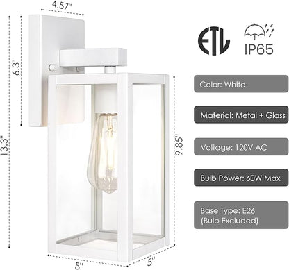 GRUENLICH Waterproof Large Outdoor Wall Lanterns, Modern White Porch Sconces with Clear Glass Shade, E26 Socket Max 60W, IP65 Rated, Metal Frame, for Patio, Front Door, Entryway, 1-Pack
