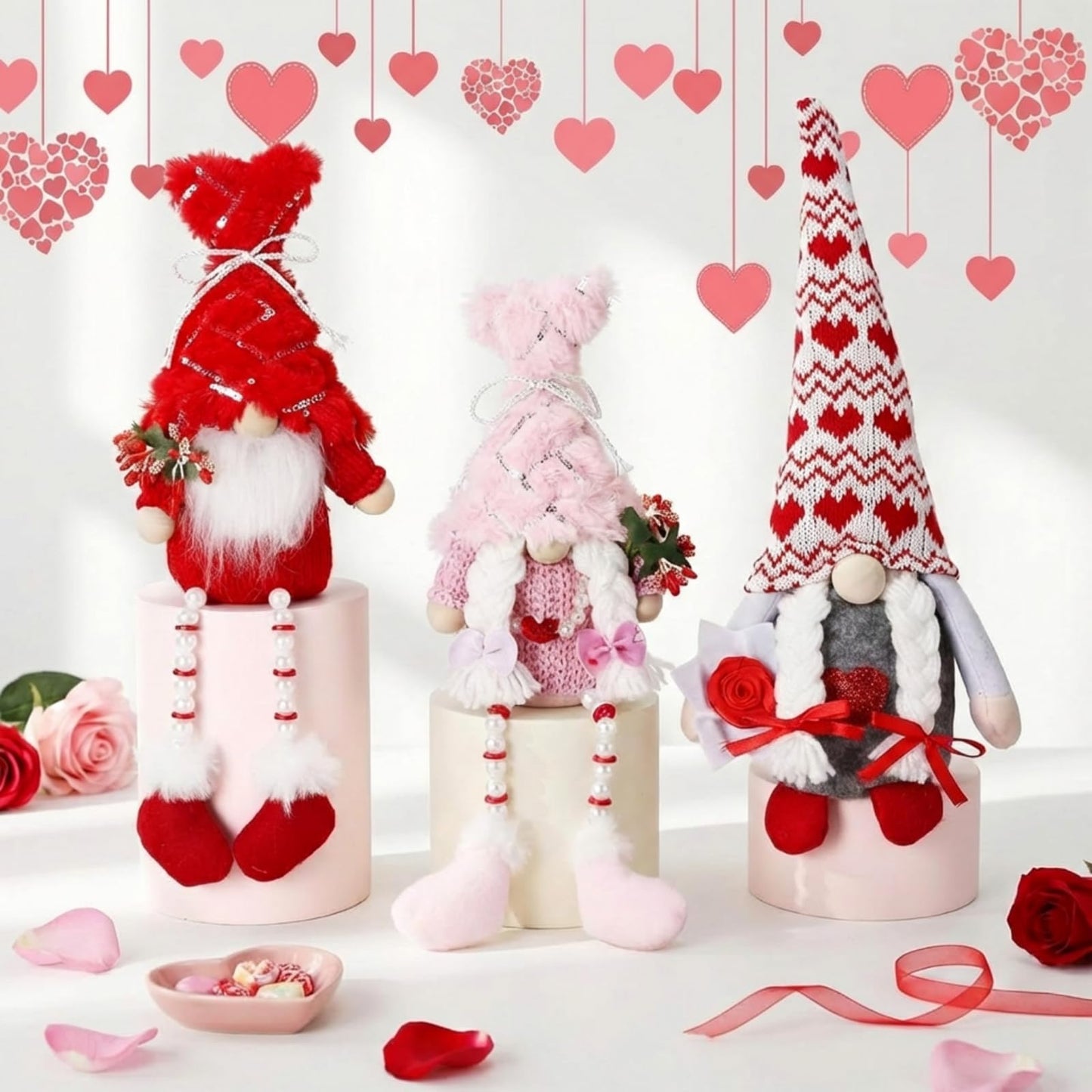 Sumind 3 Pcs Valentines Day Gnome Decorations Valentines Red Gnome Plush Gifts with Long Legs Pink Red Table Sitting Decorations Romantic Gift for Her Him Home Office Decoration
