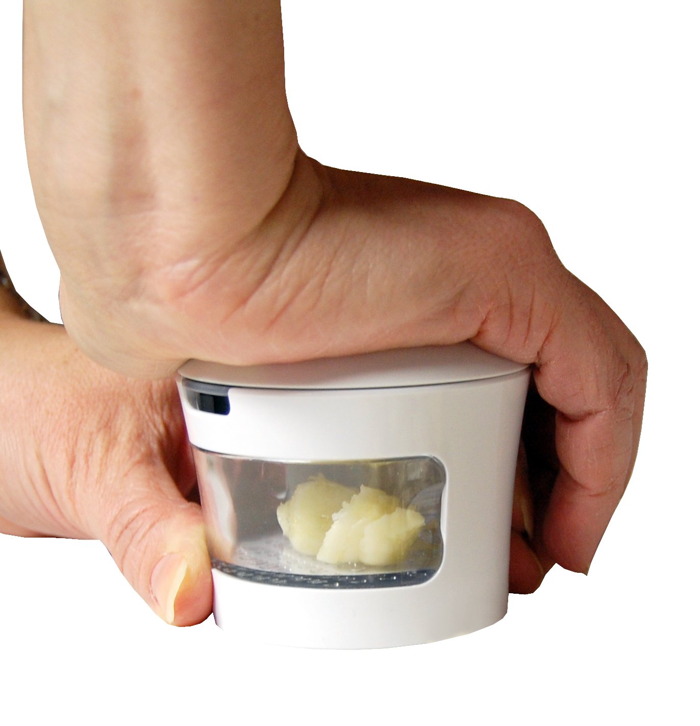 Garlic Perfection Press, Crusher, Mincer, and Storage Container - Easy to Clean - Stainless Steel Blades - White