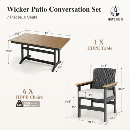 HERA'S HOUSE Patio Table and Chairs Set 7-Piece, HDPE Outdoor Dining Furniture Set with Cushions, All-Weather Wood Grain Table & Wicker Chairs for Backyard, Garden, Deck (Durable & Low Maintenance)