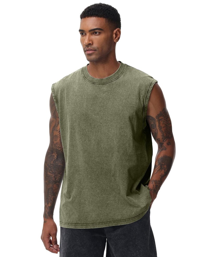SnowElve 4 Pack Mens Workout Tank Tops Sleeveless Tee Shirts Men Muscle Shirt Gym Acid Wash T Shirts Running Beach Loose Fit Tee(BKAGCFBG,XL)
