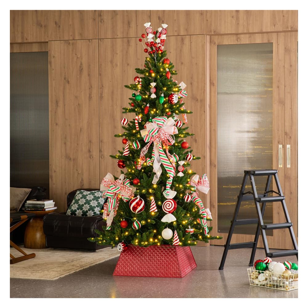 Glitzhome 25.75" L Trapezoid Red Metal Weave Tree Collar, Rustic Christmas Trees Stand Cover Tree Ring for Home Festive Party Decor