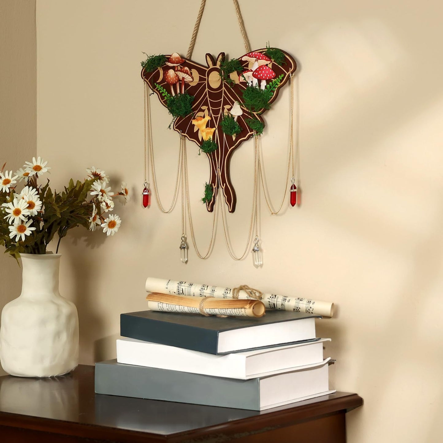 Xylolfsty Luna Moth Wall Hanging - Bohemian Butterfly Decor, Rustic Mushroom Crystal Moss Wooden Sign, Death Moth Art Gothic Witchy Living Room Bedroom Window Decoration