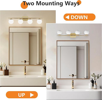 Gold Vanity Lighting Fixtures, 4-Light 34.7 Inch Modern Bathroom Light with Milky White Frosted Glass Shades, Wall Lights for Bathroom, Bedroom, Living Room(G9 Bulb not Included)