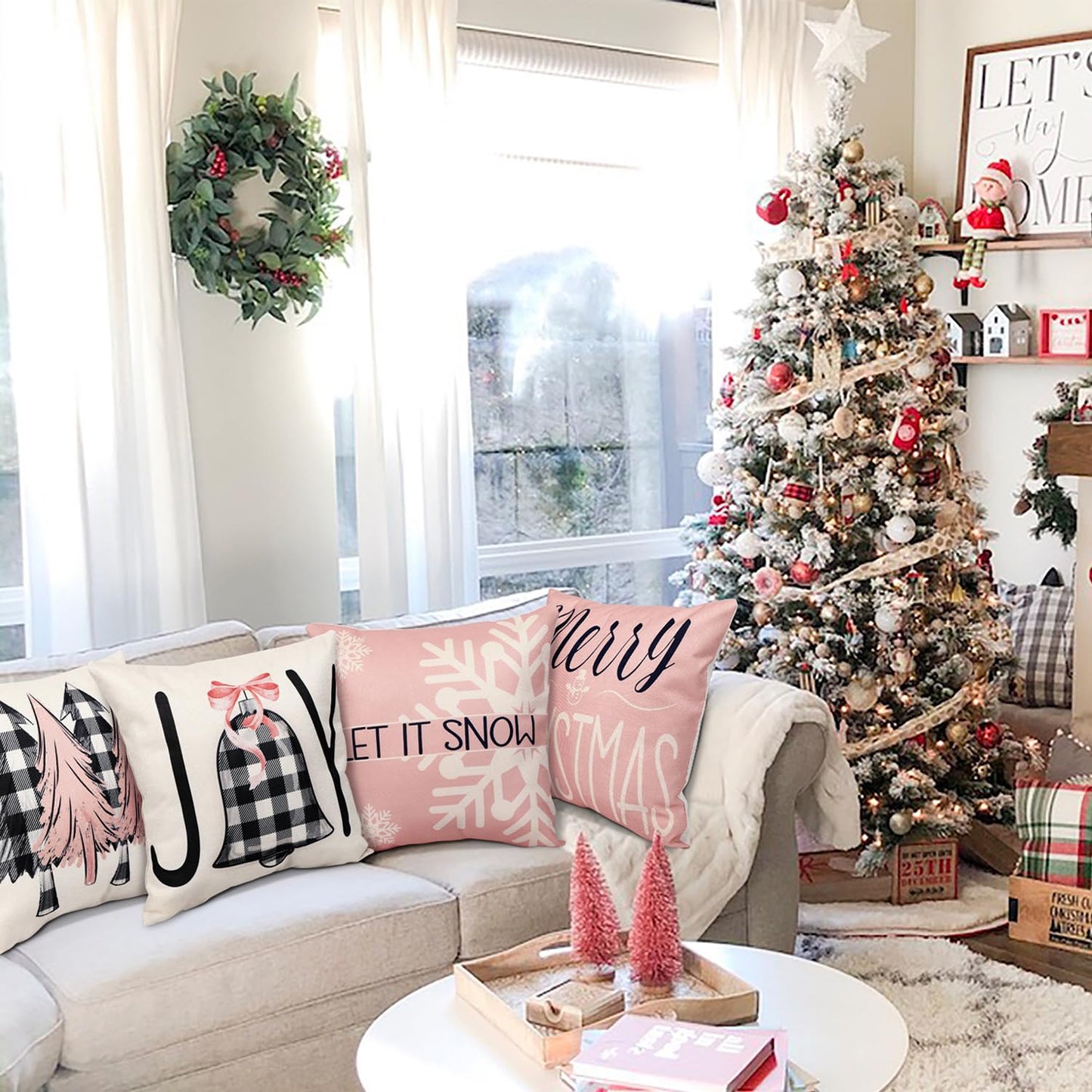 Geefuun Rose and Gold 18 x 18 Christmas Pillow Covers Decorations Indoor Home Pink Decor Set of 4 - Xmas/Holiday/Winter Bedroom Decorative Pillowcase for Couch, Bed（No Fillers）