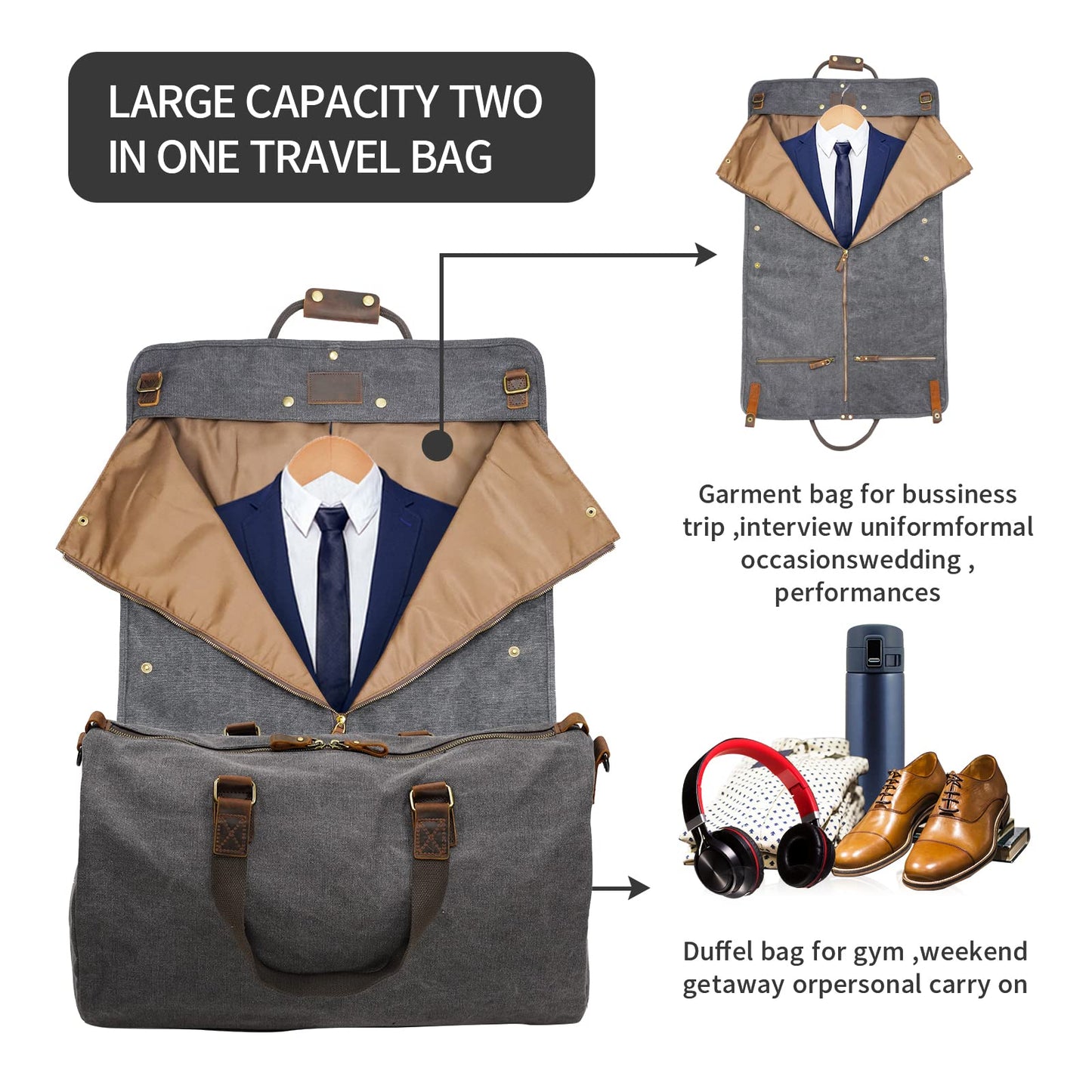 2 in 1 Suit Garment Duffle Convertible Carry-on Bag With Canvas Leather Shoulder Strap for Travel, Business Trips, Storage - Hangding Suit, Clothes, Dresses, Shoes (Gray)
