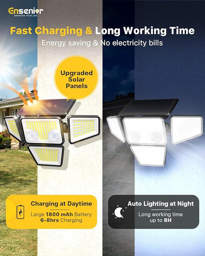 Ensenior Solar Lights Outdoor, IP65 Waterproof Motion Sensor Outdoor Light with Remote Control, 279 LED 4 Heads Solar Security Light with 4 Mode, 270° Wide Angle Solar Flood Light for Outside, 4 Packs