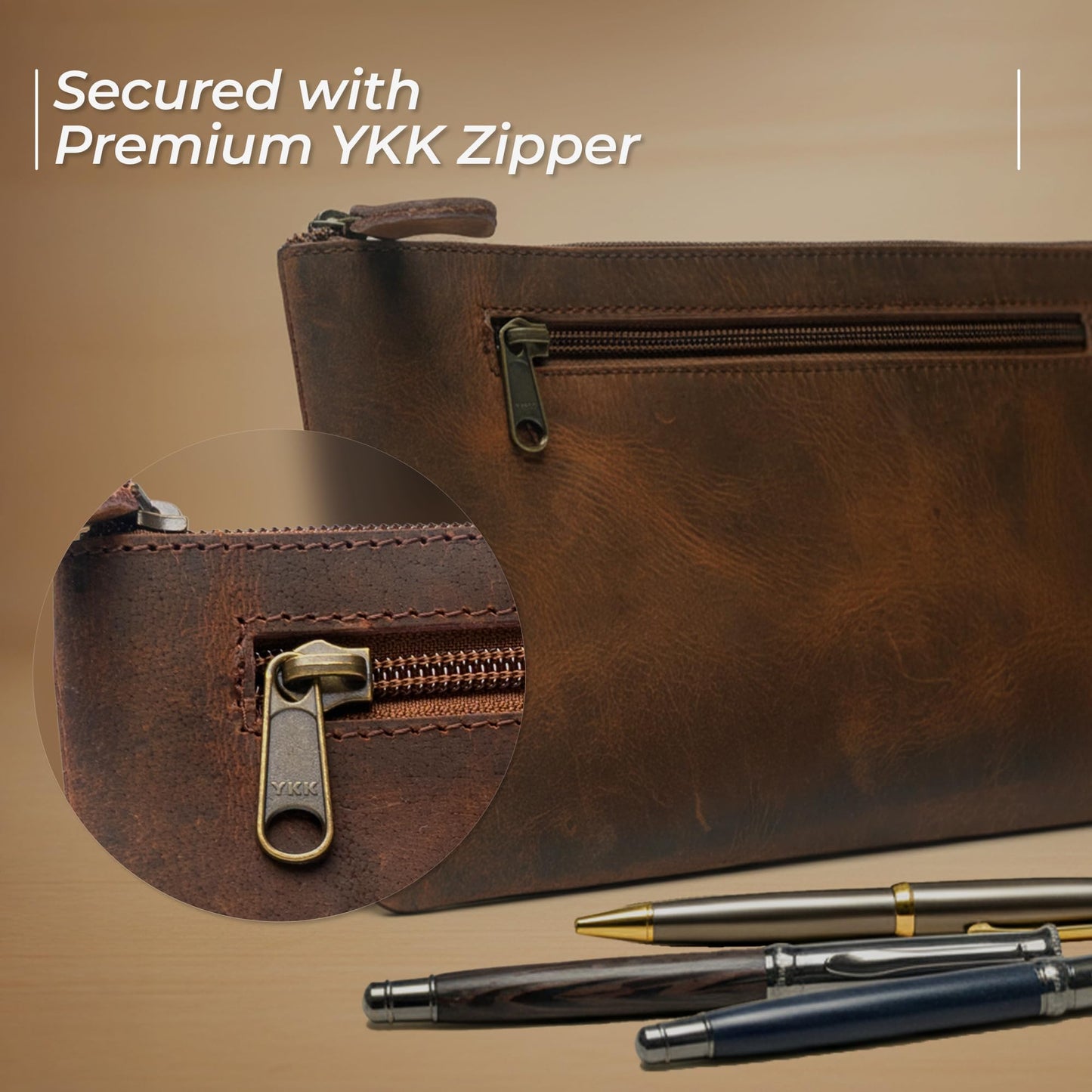 WANDERINGS Genuine Leather Pencil Pouch Case 9" x 5.25" - Hand Crafted Brown Leather Zipper Pouch - Slim Pencil Case Holder for Men and Women - Pencil Bag for Artists Students Professionals
