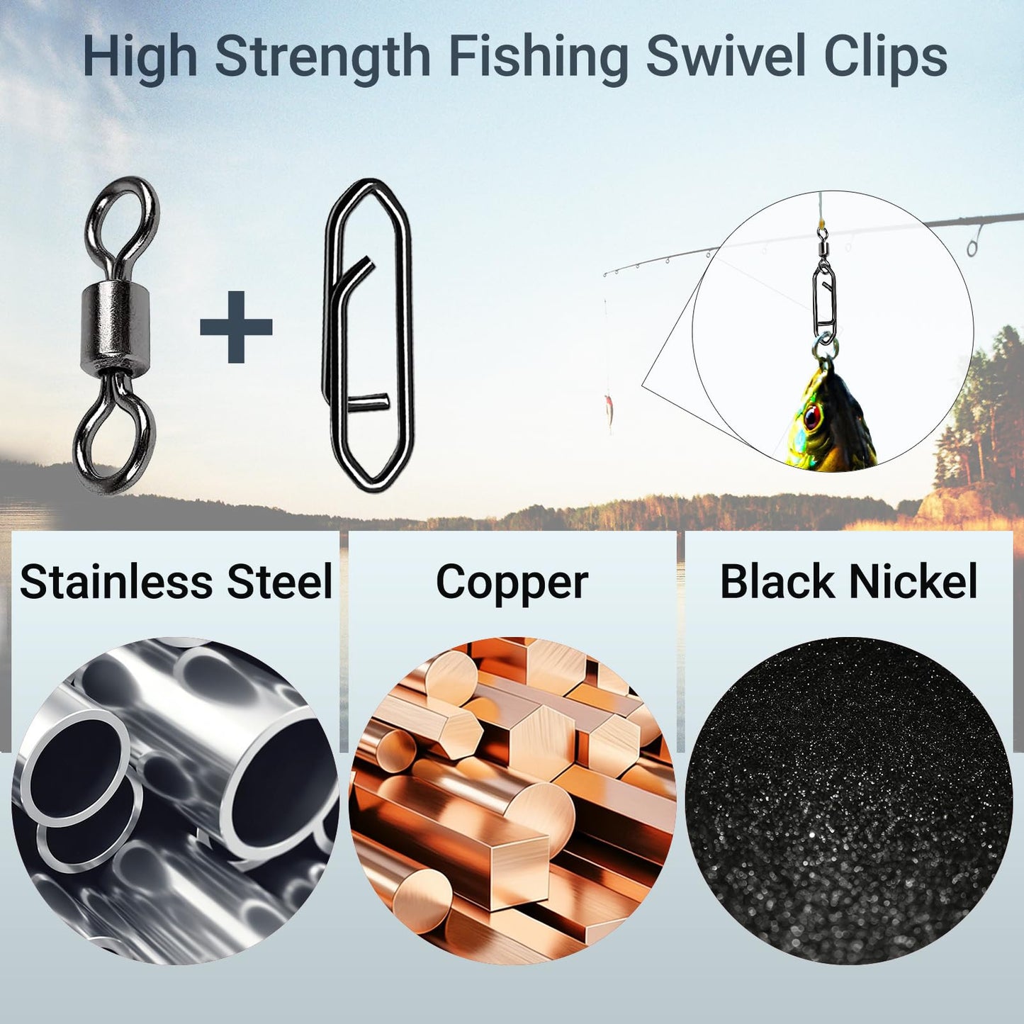 QISHUO Stainless Steel Fishing Swivels Lure Tackle Clips Snap Swivels Strength Barrel Saltwater Swivel Fishing Rolling Black Nickel, 50pcs, 54lbs