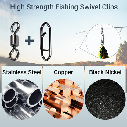 QISHUO Stainless Steel Fishing Swivels Lure Tackle Clips Snap Swivels Strength Barrel Saltwater Swivel Fishing Rolling Black Nickel, 50pcs, 54lbs
