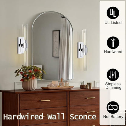 Chrome Wall Sconces, 22.8" Bathroom Sconces, Indoor Sconces Wall Lighting Up and Down, Nickel Wall Sconce Set of Two Dimmable, Vanity Lights for Bathroom with Tube, Glass Sconce for Bedroom, Staircase