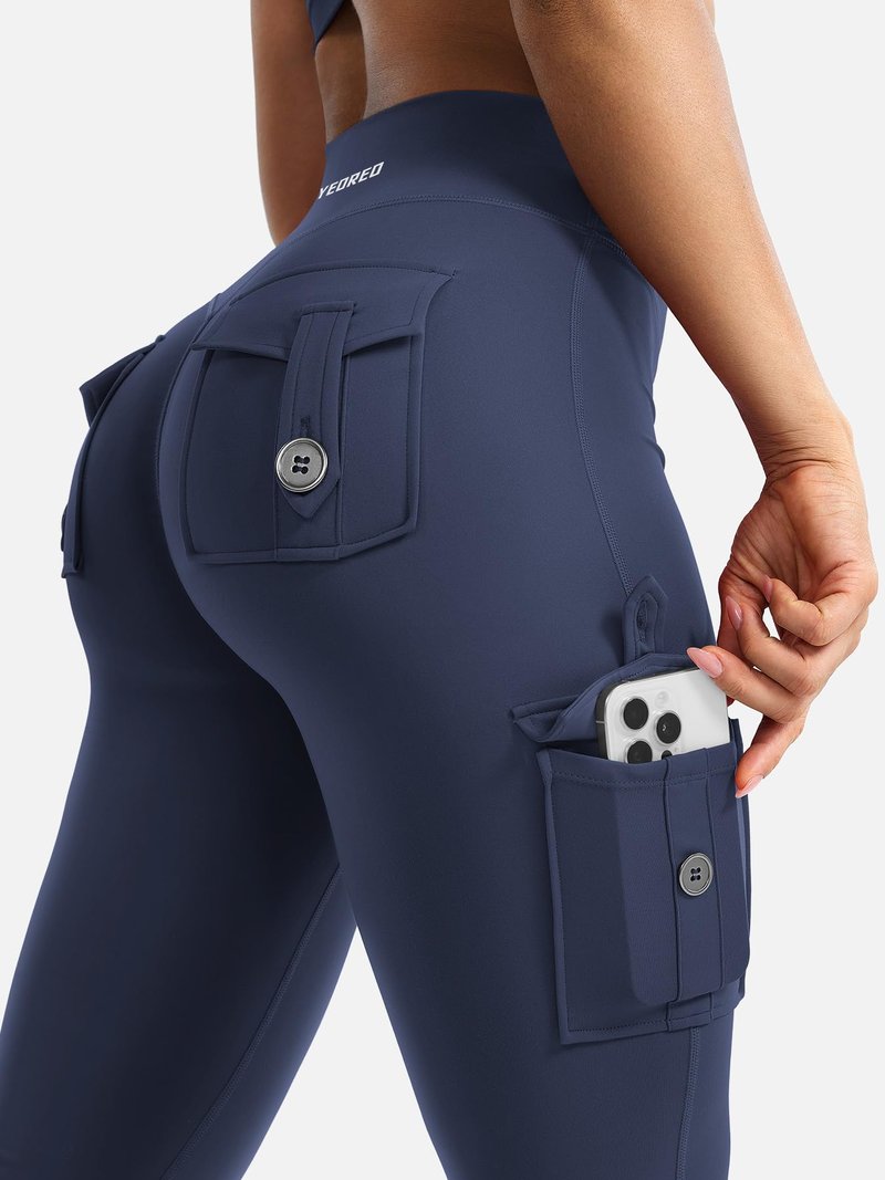 YEOREO CoreFlex Women Workout Flare Leggings with Pockets Hidden Scrunch Cargo Gym Yoga No Front Seam Leggings Navy M
