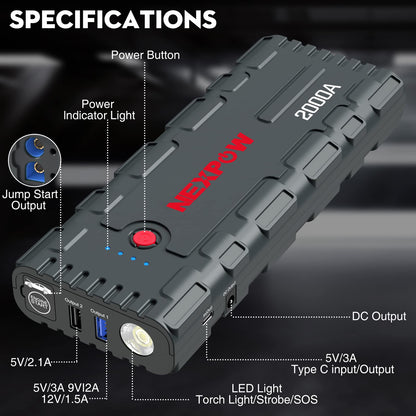 NEXPOW 2000A Peak Car Jump Starter with USB Quick Charge 3.0 (Up to 7.0L Gas or 6.5L Diesel Engine), 12V Portable Jump Box, Battery Booster with Built-in LED Light