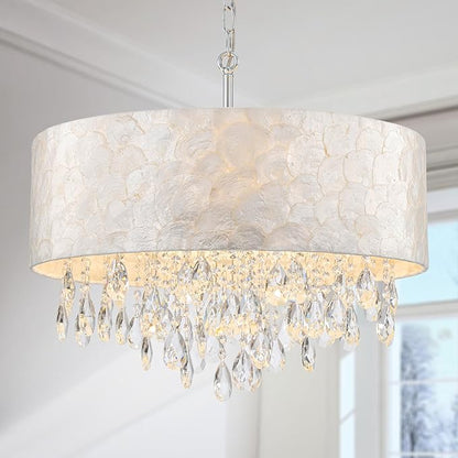 6-Lights Drum Capiz Shell Crystal Chandeliers, Coastal Style Pendant Light Fixture for Dining Room, Living Room, D24 x H23~71 inch(Adjustable), Shell Lampshade & Chrome Finish
