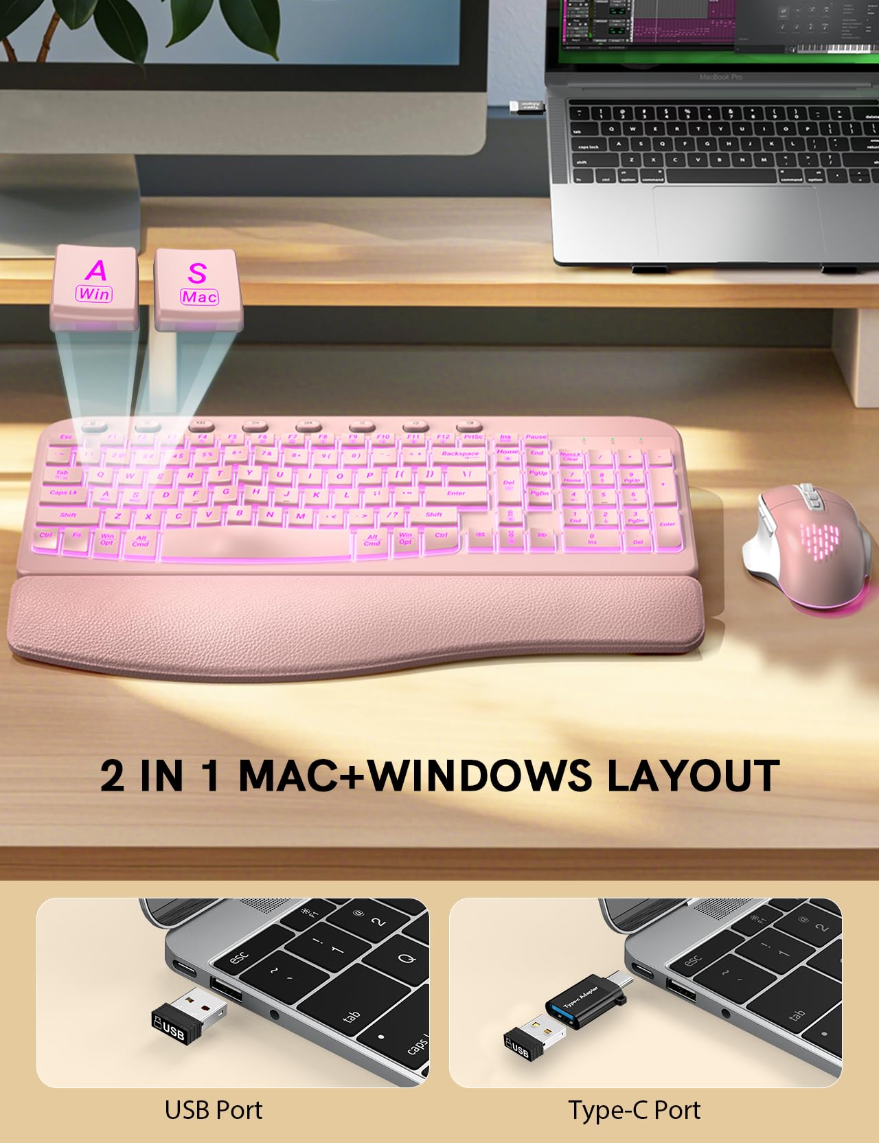 SABLUTE Wireless Keyboard and Mouse Combo Ergonomic - MA12Pro Wave Keyboard with Leather Wrist Rest for Comfortable Typing, RGB Backlit Rechargeable for Windows, Mac, PC, Laptop (Pink)