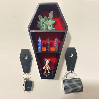 Ella & Emma Wall Mounted Coffin-Shaped Key Holder - Gothic Home Decor Wall Hanger with Hook - Gothic & Spooky Halloween Decor for Home - 2 Pieces (Coffin & Moon)