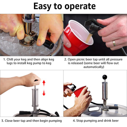 MRbrew Keg Party Pump, American D System Beer Keg Tap Keg Hand Pump 4'' Picnic Pump with Beer Faucet & Beer Hose, Chrome-Plated Keg Draft Beer Party Pump with 2 Hose Clamps Kegerator Pump for Homebrew