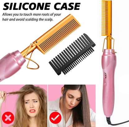 Electric Hot Comb Hair Straightener Heat Pressing Combs Ceramic Curling Flat Iron Curler, Hot Comb Electric for Wigs Electrical Straightening Comb Curling Iron for Natural Hair with Anti-Scald Case