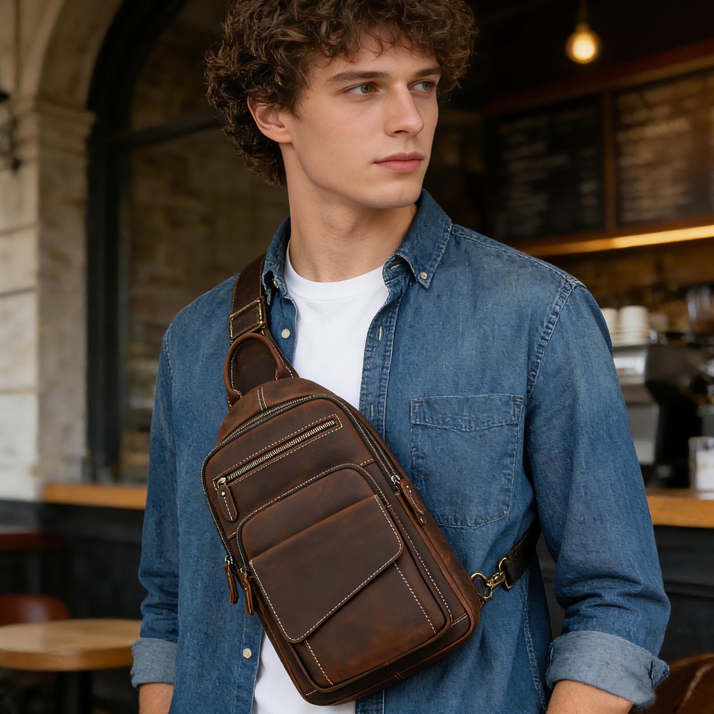 JulBean Leather Men Casual Travel Hiking Crossbody Chest Sling Bag Rig One Shoulder Strap Bag