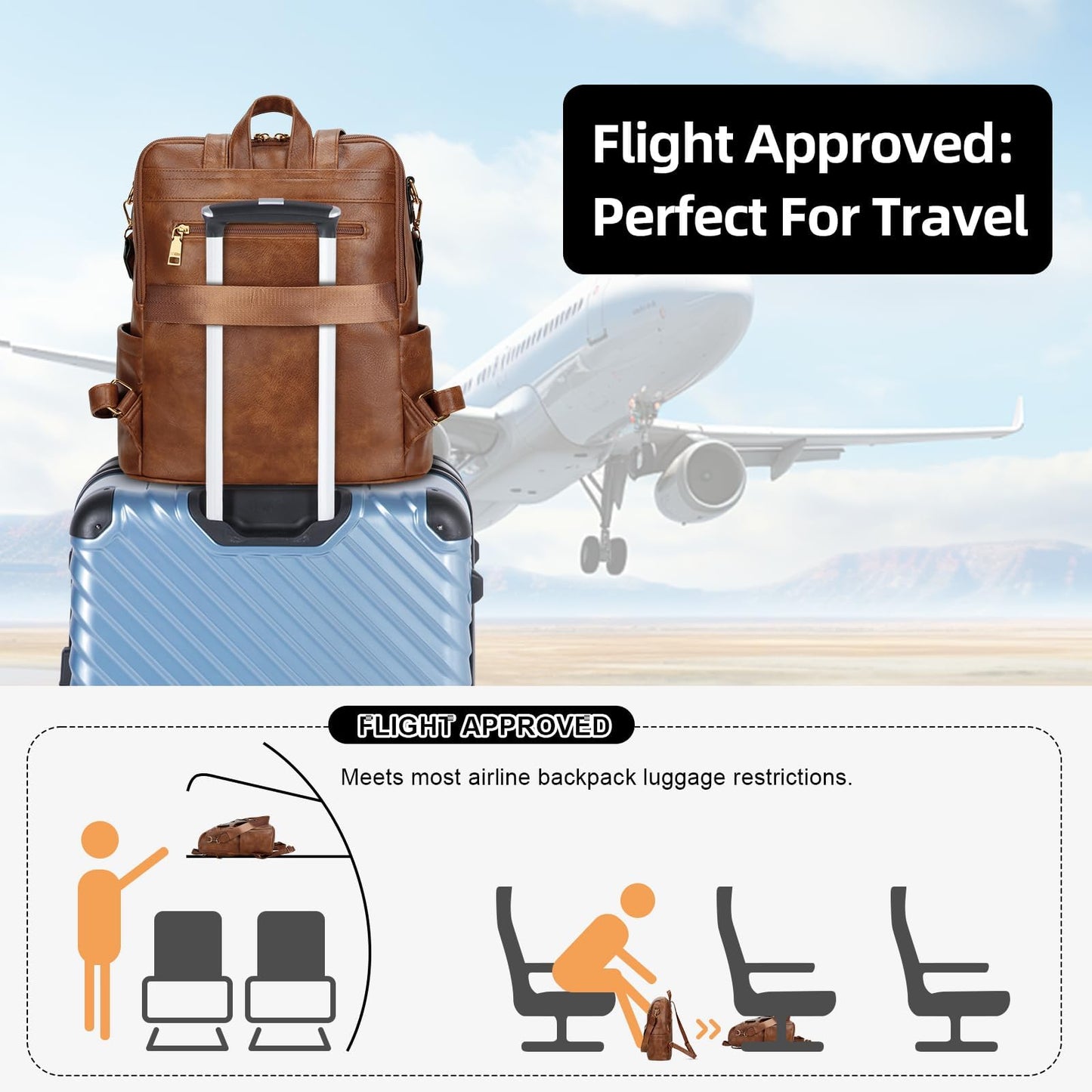 KKXIU Backpack Purse for Women - Multi-pocket Leather backpack for Travel, Work & School with Anti-Theft Lock Pocket, Luggage Strap & Water Bottle Pockets - 13x14x5.2 Inch (B-Brown)