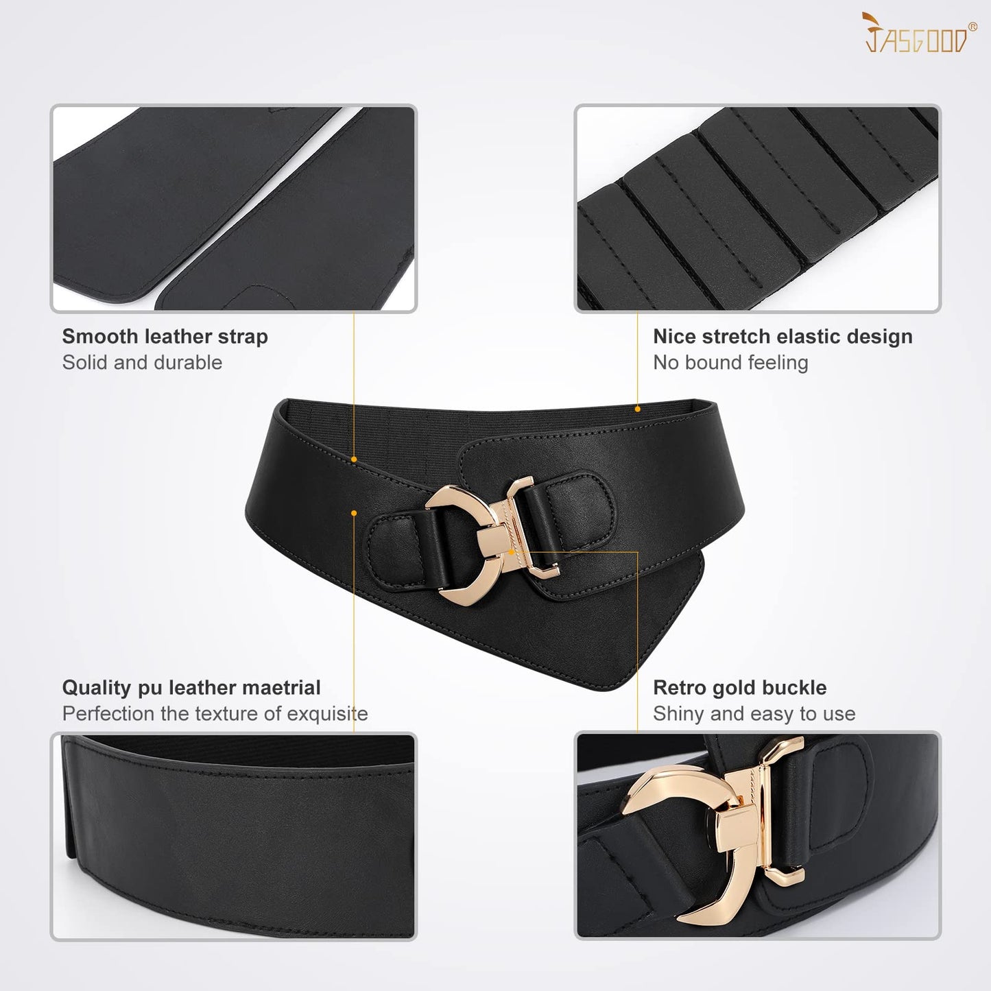 JASGOOD Women's Fashion Vintage Wide Elastic Stretch Waist Belt with Gold Interlock Buckle Halloween Belt (Matte Black,Suit Waist 36-42 Inch)
