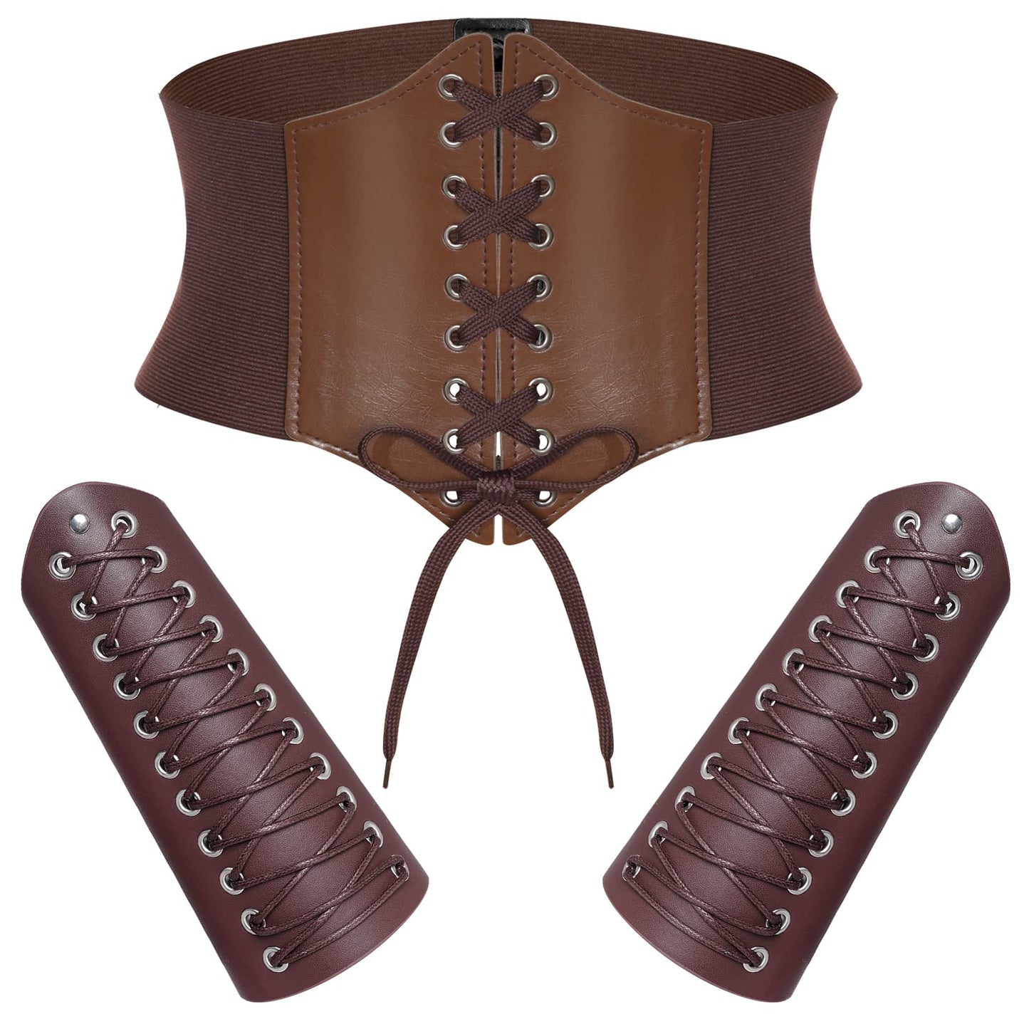 Pistha 3 Pcs Corset Belt Elastic and Faux Leather Gauntlet Wristband for Women Halloween Medieval Renaissance Pirate Viking Warrior Cosplay Brown (M, Brown)