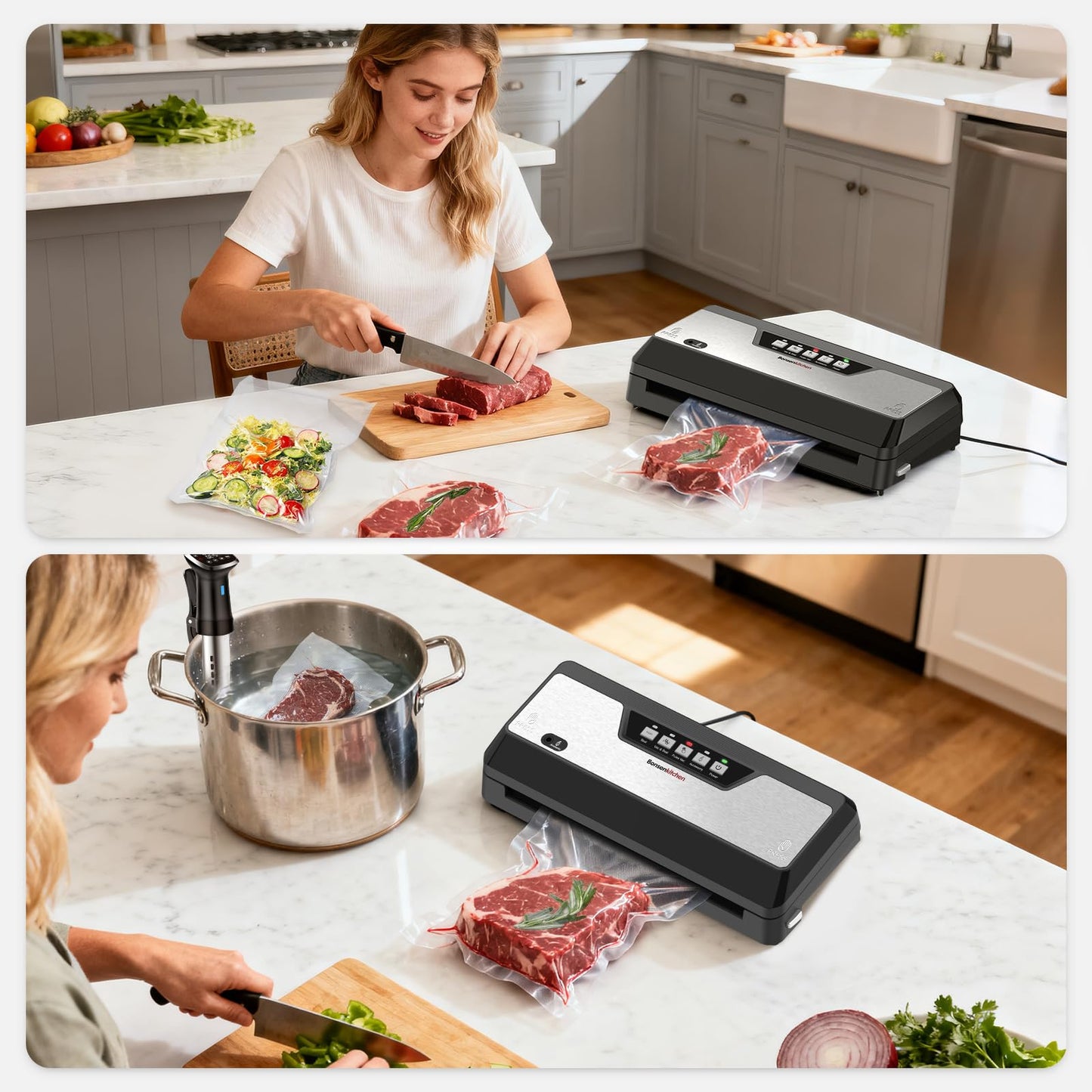 Bonsenkitchen Vacuum Sealer Machine, Built-in Cutter | Multifunctional Food Sealer for Sous Vide & Meal Prep, 5 Pre-Cut Bags, Black