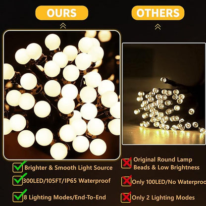 LED Christmas Lights Outdoor,300LED 105Ft 8 Modes Plug-in Connectable Waterproof Globe String Lights for Outdoor & Indoor Decorations (Warm White)