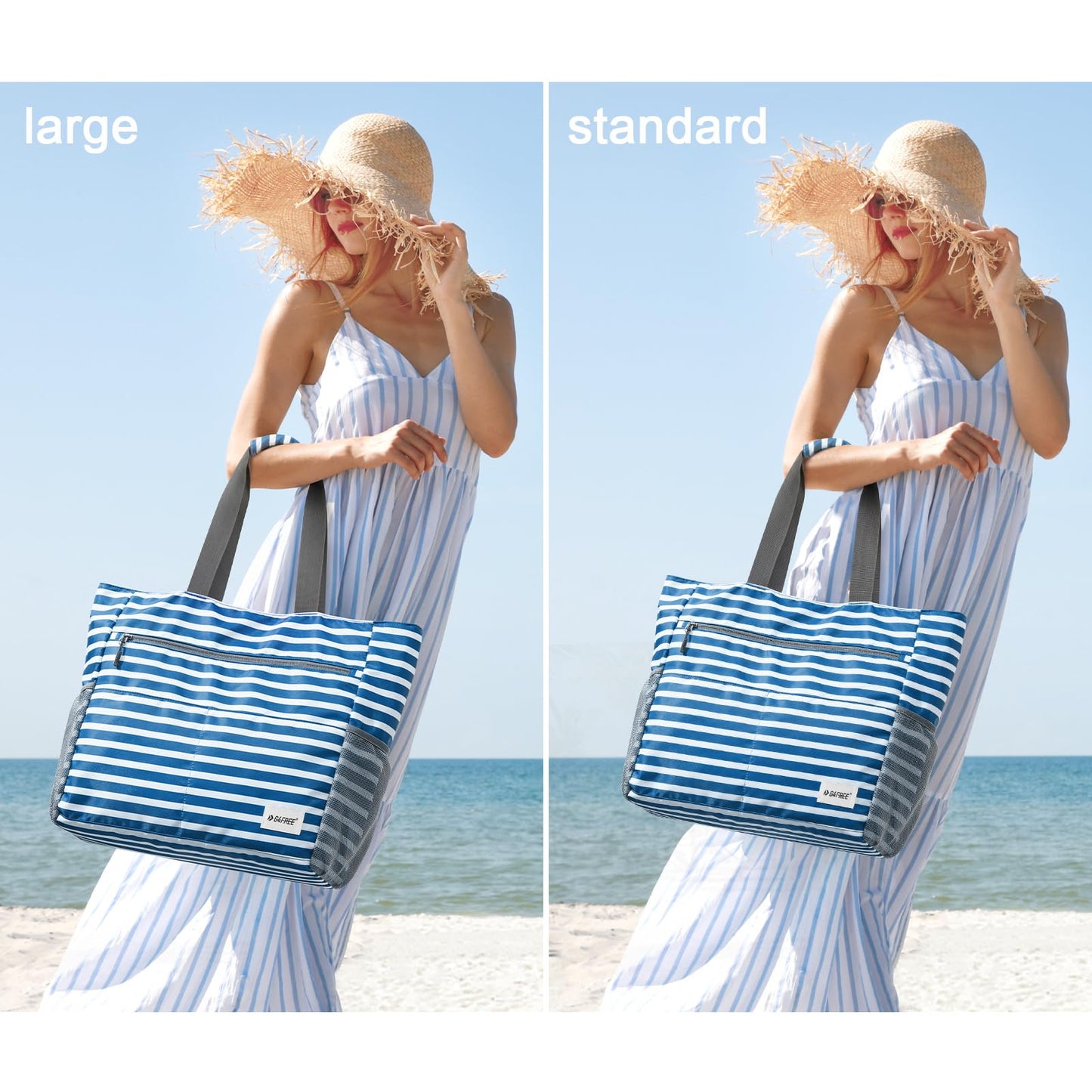 G4Free Beach Bag, Waterproof Sandproof Beach Tote Bag, Large Capacity Foldable for Women, Navy Stripe
