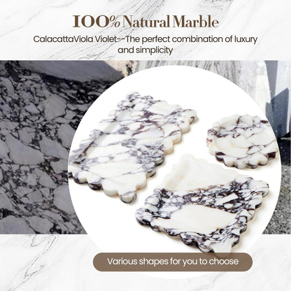 SAMAH Calacatta Viola Natural Marble Tray, Scalloped Bathroom Tray, Luxury Decorative Trays for Bathroom, Vanity, Dresser, Kitchen & Home Decor, Housewarming Gifts New Home (Rectangle)