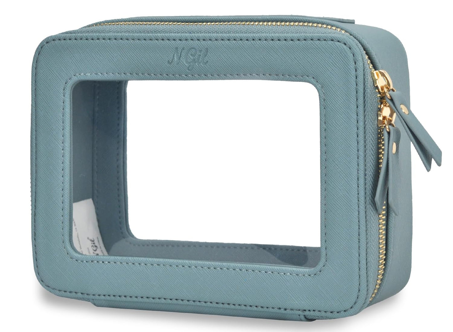 NGIL Clear Faux Leather Travel Toiletry Bag, Makeup Bag Organizer for Women, Clear Window & Gold Zipper Makeup Bag, Road Trip Essential, Skincare, Cruise Ship Essentials (Blue)