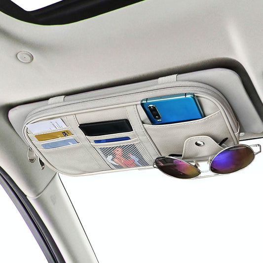 Da by Car Visor Organier Truck SUV Sun Visor Storage Pocket PU Leather Pouch Holder with Multi-Pocket Double Zipper Net Pocket, for Cards Pens Sunglasses Document (Cream Grey)