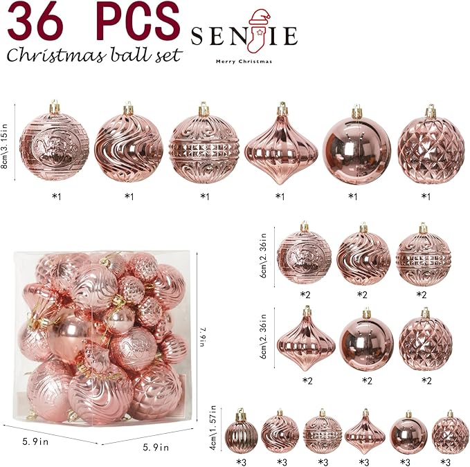 Senjie 36pcs Rose Gold Christmas Ornaments Set: Eclectic Classic, Shatterproof Plastic Balls with Hanging Loops for Christmas, Halloween, Anniversary, Wedding