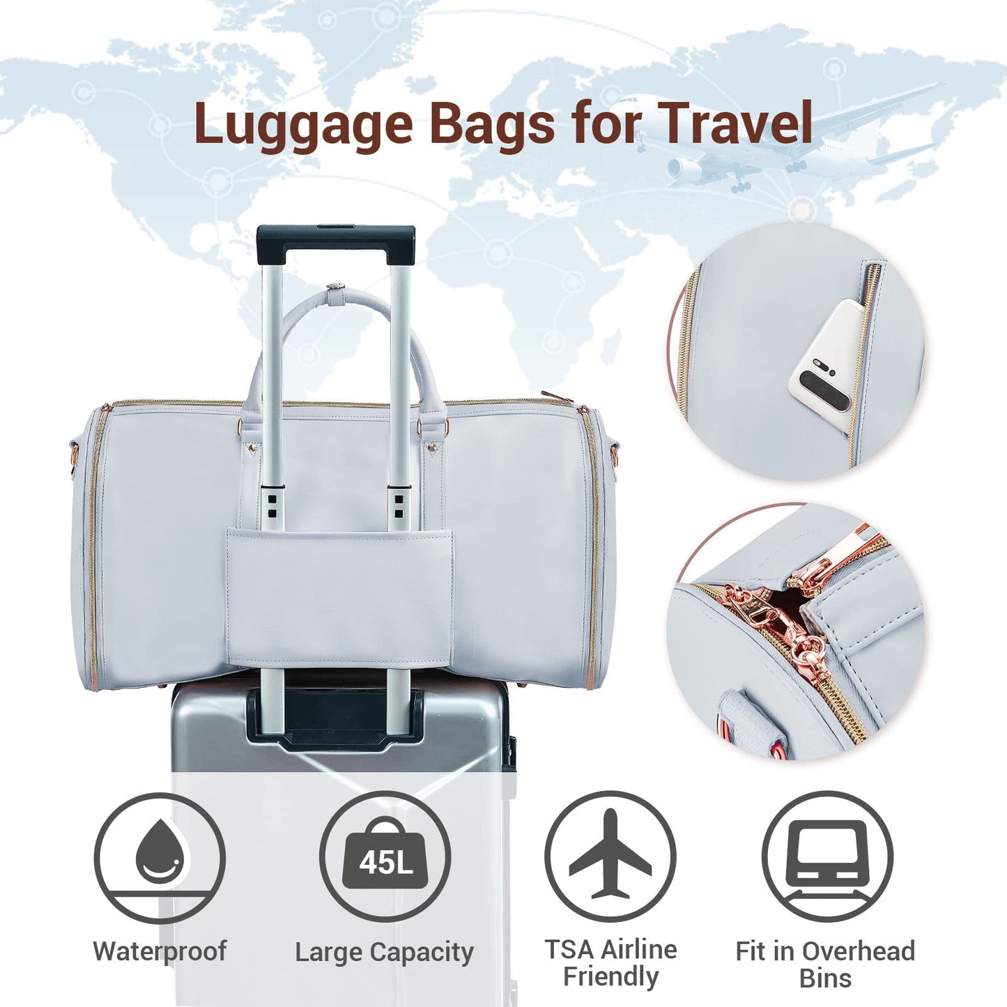 Garment Bags for Travel, Convertible Suit Travel Bag for Women, Stylish Carry On Garment Bag with Toiletry Pocket, Shoulder Strap and Shoes Compartment, 2 in 1 Foldable PU Leather Duffle Bag, Blue