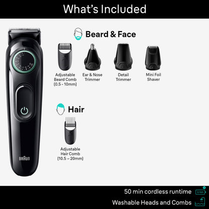 Braun All-In-One Style Kit Series 3 3430, 3-in-1 Trimmer for Men with Beard Trimmer, Ear & Nose Trimmer, Hair Clippers, Ultra-Sharp Blade, 20 Length Settings, Washable