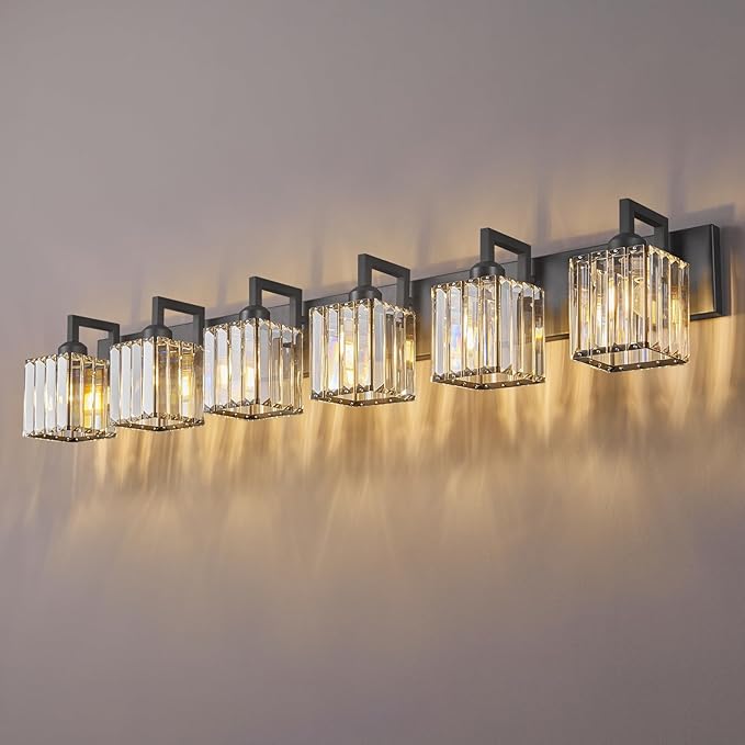 Black Bathroom Light Fixture, 6-Light Crystal Vanity Lighting, Bathroom Lighting Fixtures Over Mirror, Modern Crystal Wall Lamp