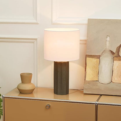 GLOBE Electric 61000061 20" Ribbed Ceramic Table Lamp, Dark Gray Concrete Finish, White Linen Shade, On/Off Rotary Switch on Socket, for Living Room, Bedroom, Office, Home Décor